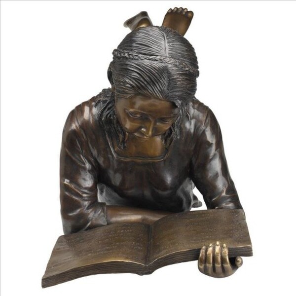 Front View of Sculpture Young Scholar Reading Girl Bronze Statue